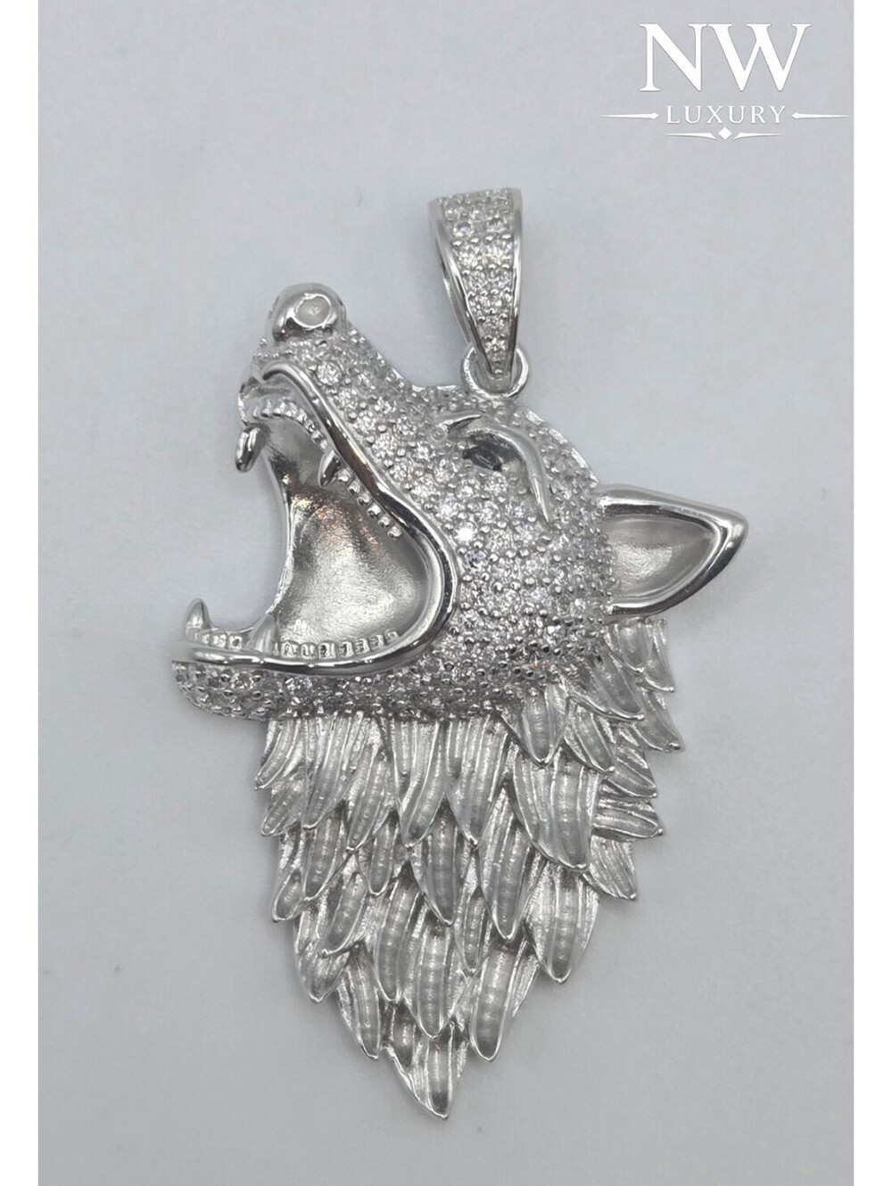 NEW Solid 925 Steling Silver 1.5CTW MOISSANITE Wolf Head Pendant, USA